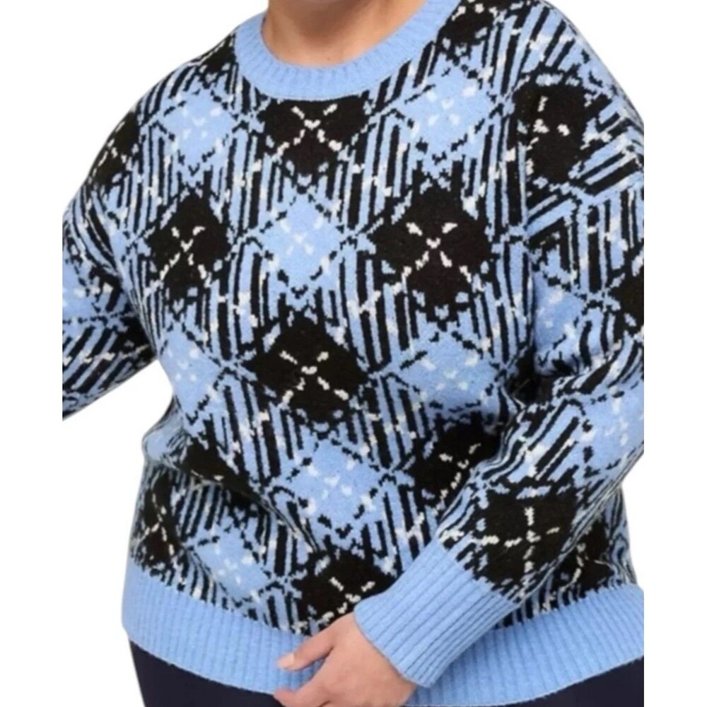 Lane Bryant Pullover Sweater Blue Black Argyle Ribbed Hem/Cuff Womens Size 26-28